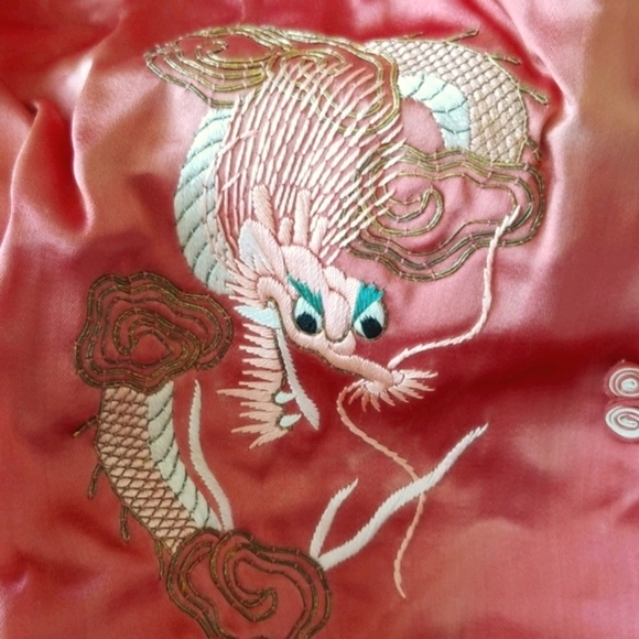 Asian Hand Embroidered Gold Dragon Red Silk Pajama Slippers Box Ensemble Size S - Picture 4 of 16